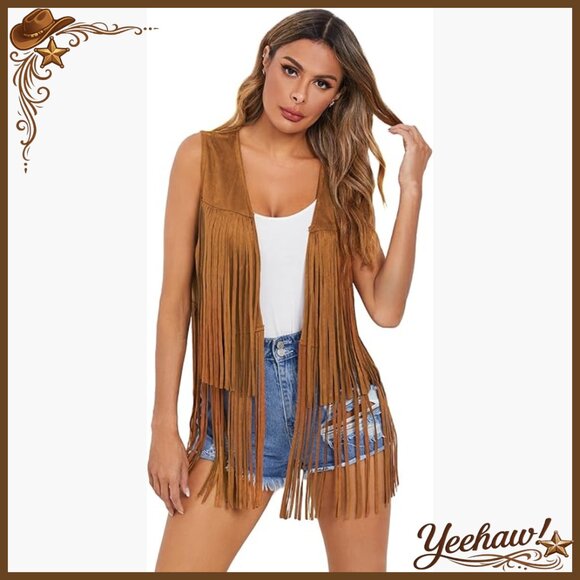 Faux Suede Fringe Vest Cardigan Sleeveless Tassel Jacket Small Regular Fit